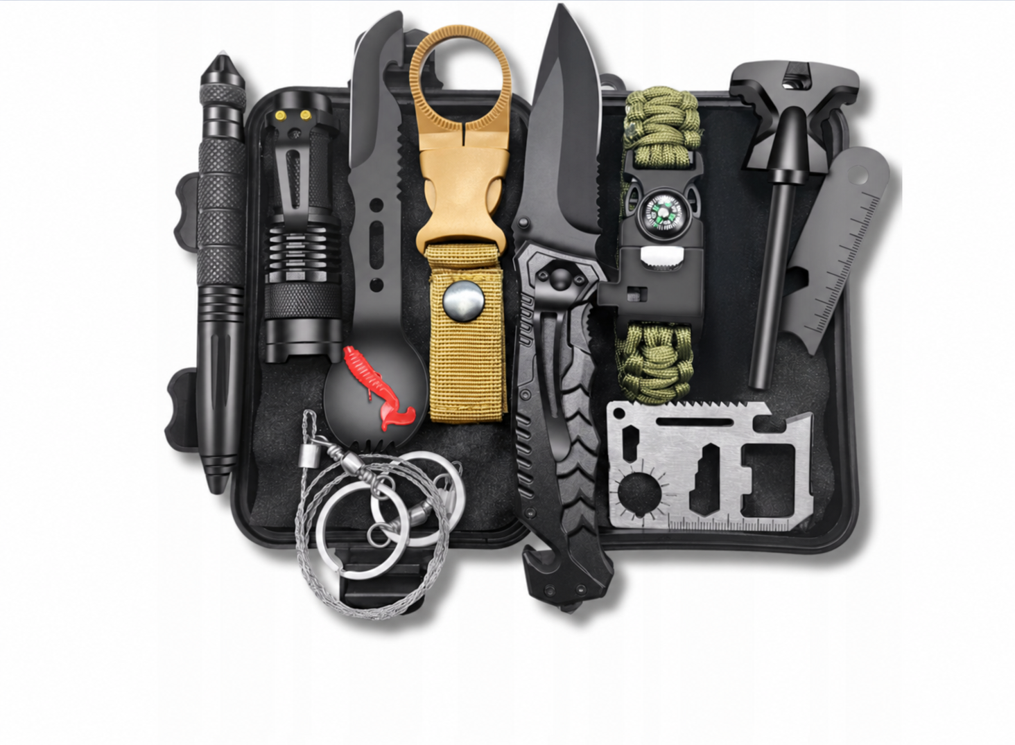 Zestaw survivalowy w czarnym etui z nożem składanym, latarką LED, bransoletką paracord z kompasem, krzesiwem i piłą strunową.